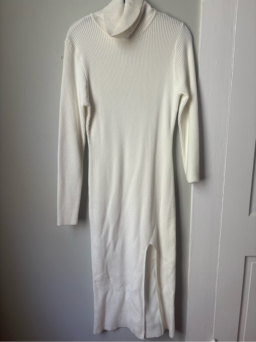 Cream Ribbed Turtleneck Midi Dress with Side Slit